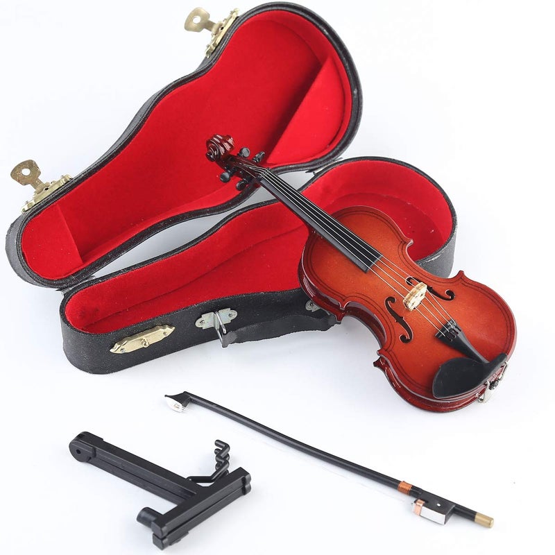 Dselvgvu Miniature Violin with Stand,Bow and Case Mini Musical Instrument Miniature Dollhouse Model Home Decoration (3.15"x1.18"x0.59") - Image 1